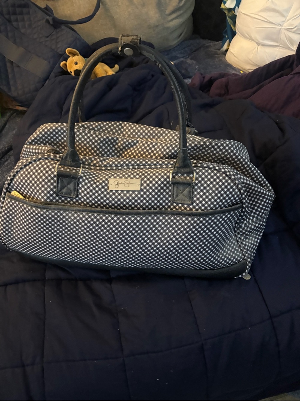 Jessica Simpson navy and white gingham travel duffel
